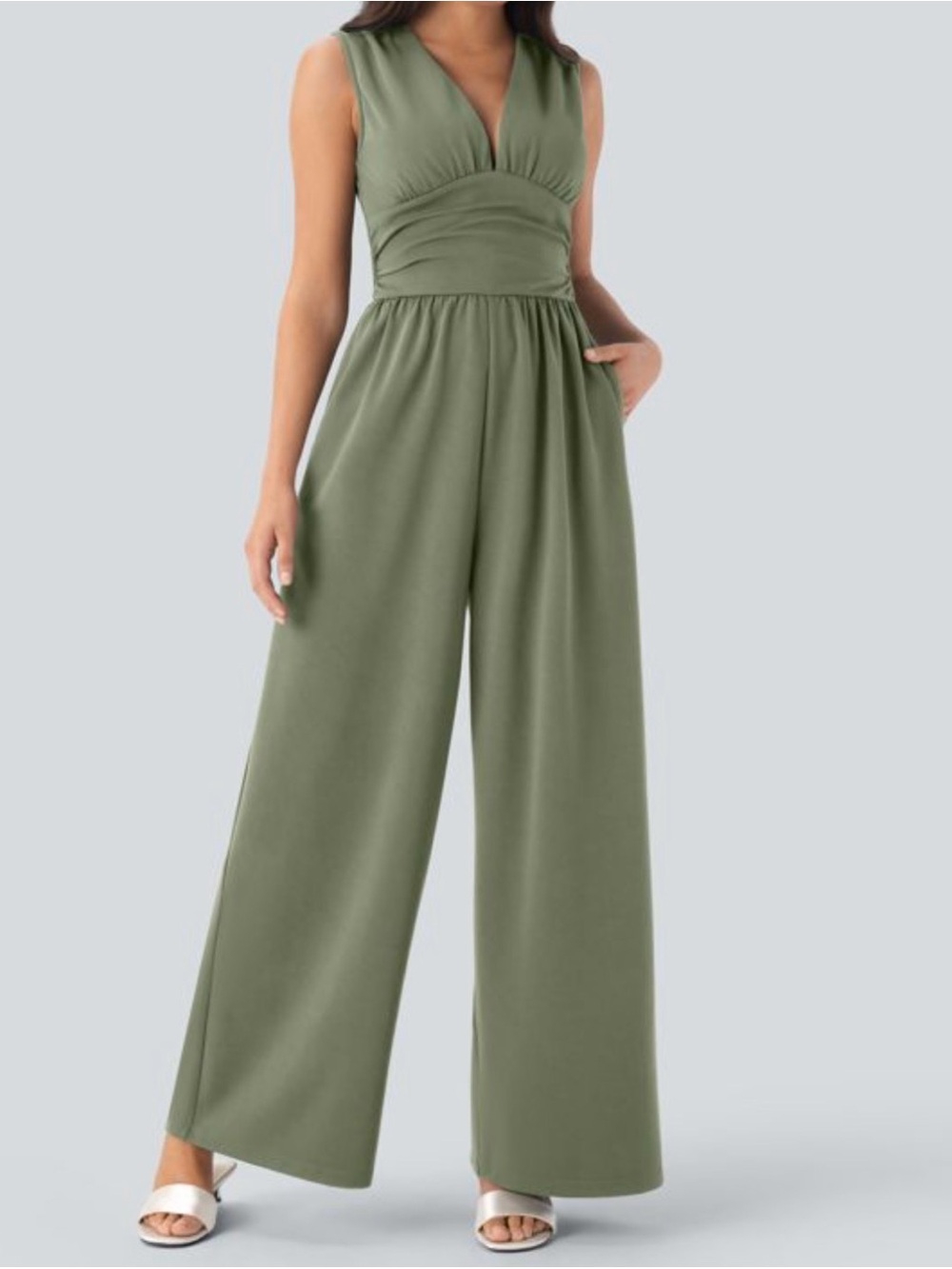 HALARA Olive Sleeveless V-Neck Wide-Leg Easy Peezy Jumpsuit petite